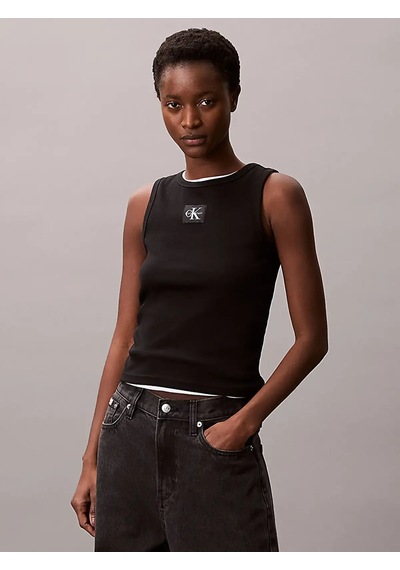 Calvin Klein A - Woven Label 2x2 Cotton Rıb T Siyah Kadın Tişört