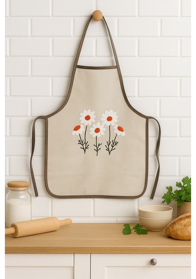 Papatya Desenli Nakışlı Keten Mutfak Önlüğü Yıkanabilir 1 Adet 50x70 Cm Standart Beden Bej