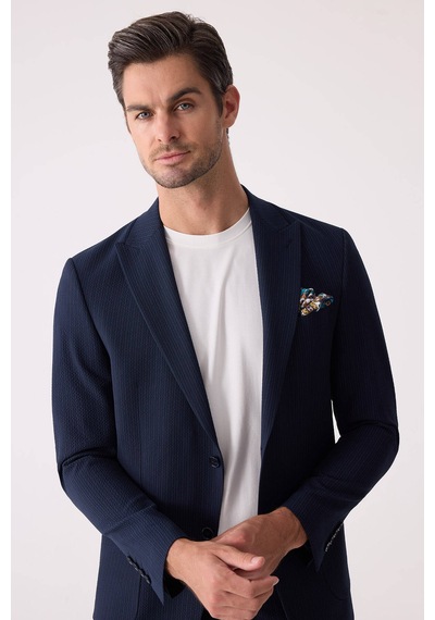 Erkek Lacivert Slim Fit Torba Cep Çizgili Jogger Pantolonlu Sivri