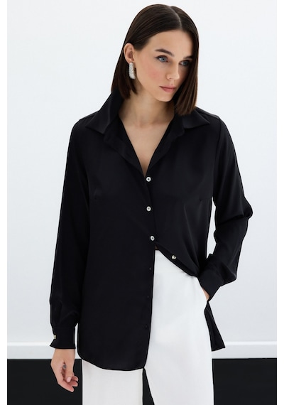 Sateen Oversize Saten Gömlek - Siyah