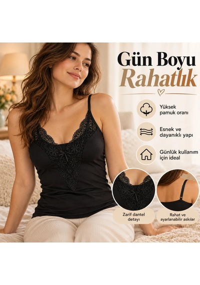 Genel Kadın Dantelli V Yakalı İnce İp Askılı Kurdele Detaylı Atlet Siyah Beyaz Ten Zarif İç Giyim Atleti Genel Kadın Dantelli V Yakalı İnce İp Askılı Kurdele Detaylı Atlet Siyah Beyaz Ten Zarif İç Giyim Atleti