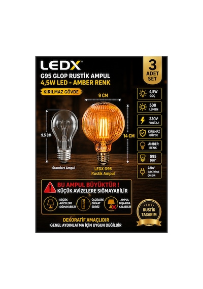 3 Adet G95 Rustik Led Ampul 4,5w Amber E27 ,balon Kırılmaz Gövde,500 Lümen,dekoratif Vintage Edison Glop Ampul 220v, Enerji Tasarruflu Uzun Ömürlü Led Lamba Seti
