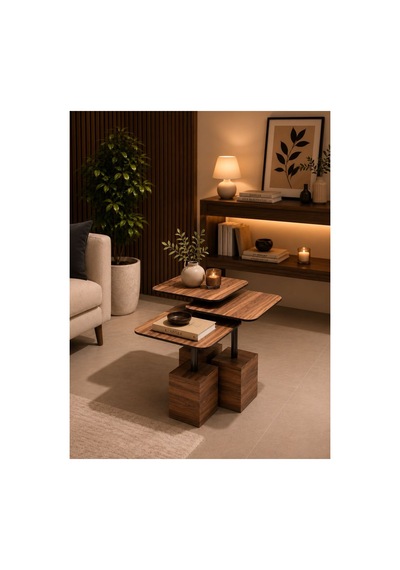 Modern Zigon Sehpa Trio Yan Sehpa Servis Sehpası Ceviz %100 Mdf Kahverengi Kahverengi