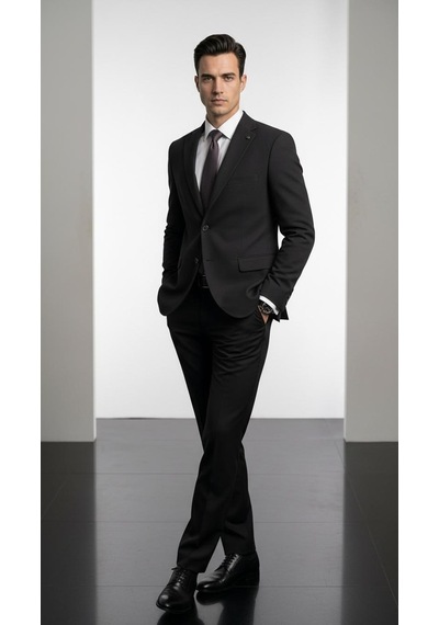 Plus Scorpion Ck 142 Slim Fit Mikro Desenli Erkek Ceket Yazlık Pike Kumaş Çift Yırtmaç Blazer Siyah