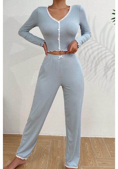 Merry See Önden Düğmeli Uzun Kollu Şık Pijama Takımı Mavi