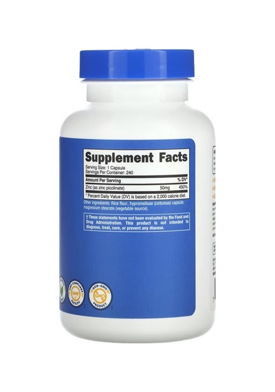 Nutricost Zinc Picolinate 50mg 240 Vegetarian Capsules - Gl...
