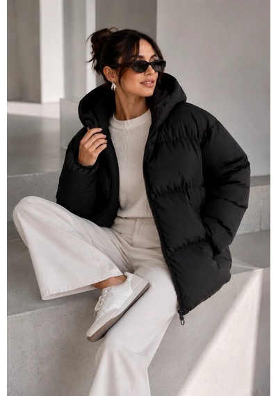 Bb Butik Basic Oversize Kapüşonlu Şişme Mont St3411 siyah