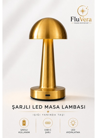 Şarjlı Masa Lambası Gold Mantar Kablosuz Led Dokunmatik Gece Lambası Altın
