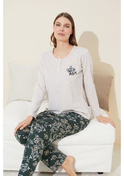Siyah İnci Düğmeli Pamuklu Örme Pijama Takım 24240099 Bej