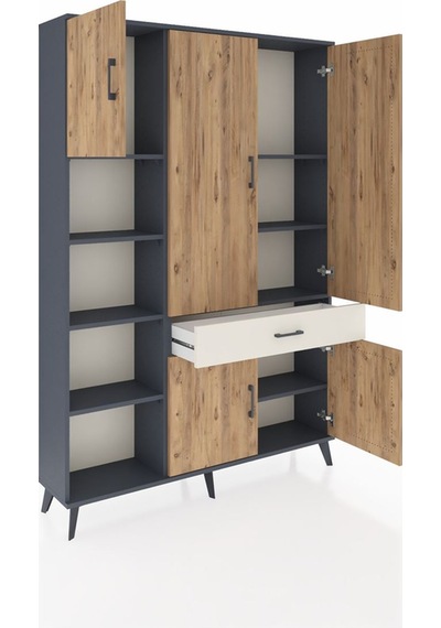 Arges Dolap 8 Raflı Tek Çekmeceli 5 Kapaklı 132x30x195 Antras... Antrasit