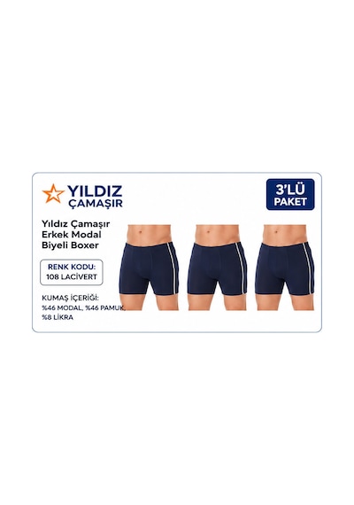 Yıldız Çamaşır Erkek Modal Biyeli Boxer 105-106-107-108-109 - 3 Adet Lacivert