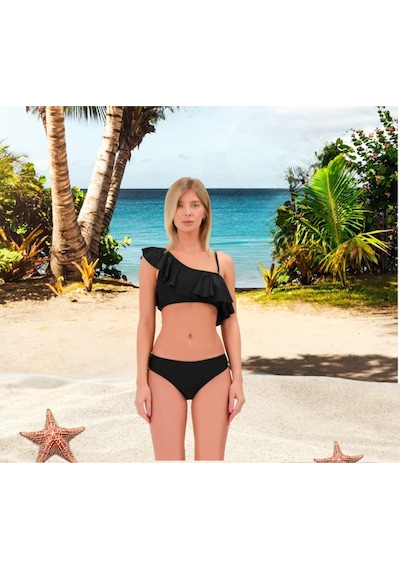 Shopiolog Kadın Düz Fırfırlı Tek Askılı Tek Omuzlu Bikini Haki