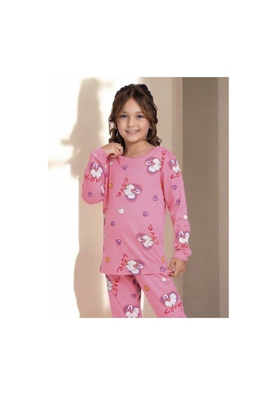 Kız Çocuk Pamuklu Tavşan Desenli Pijama Takımı-14919 Pembe