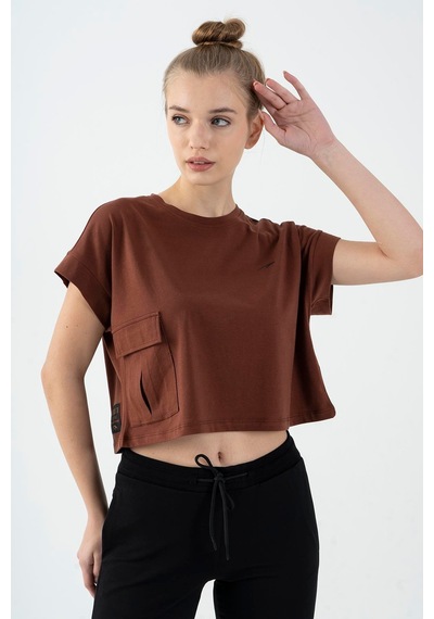 Maraton Sportswear Comfort Kadın Bisiklet Yaka Kısa Kol Basic Kahverengi Crop Top 20856 Kahverengi