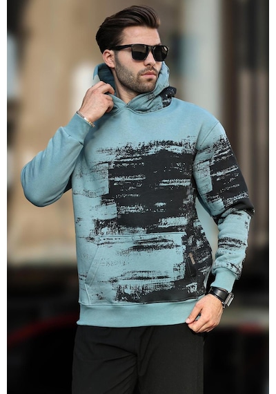Madmext Mavi Kapüşonlu Desenli Cep Detaylı Erkek Sweatshirt 7059-mavi Mavi