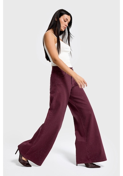 it's basic Kadın Bordo Renk T-6w5-122 Palazzo Fit Parlak Taşlı Özel Tasarım Denim Jean