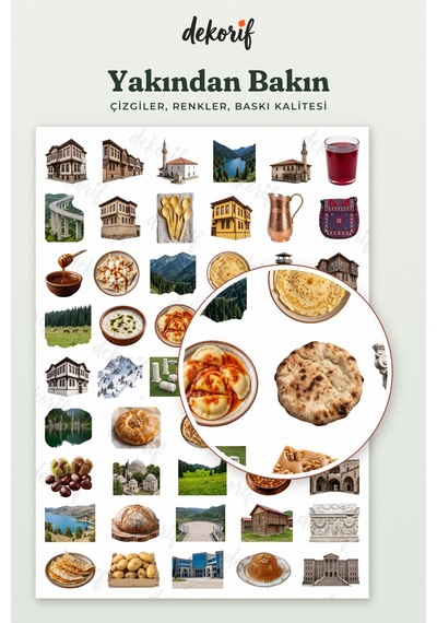 Bolu Sticker Seti 100 Adet - Göynük Evleri Yedigöller Mengen Pilavı Gerçekçi Ajanda Journal Çıkartma Çok Renkli