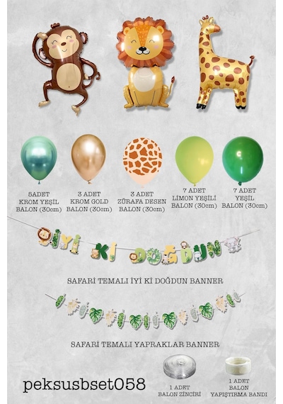 Safari Doğum Günü Folyo Balonlu Parti Paketi Yeşil Gold Safari Balon Zinciri Diğer