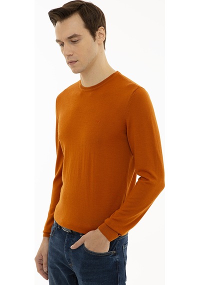 Cacharel Turuncu Slim Fit Bisiklet Yaka Basic Triko Kazak