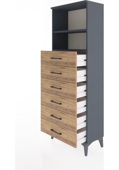 Arges Dolap 2 Raflı 6 Çekmeceli 60x30x163 Antrasit-çam Antrasit