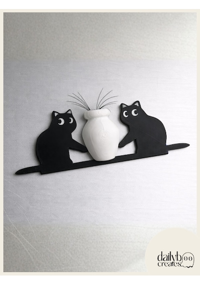 Kedi Bıyığı Toplayıcı Magnet-vazolu Buzdolabı Süs-2 Kedili Bıyık Biriktirme Magnet Siyah