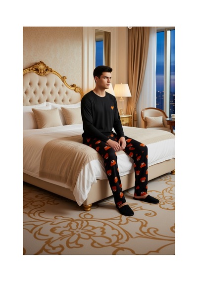 Ersefa Ayıcık Desenli Bisiklet Yaka Uzun Kollu Pijama Seti Unisex Fonksi Siyah