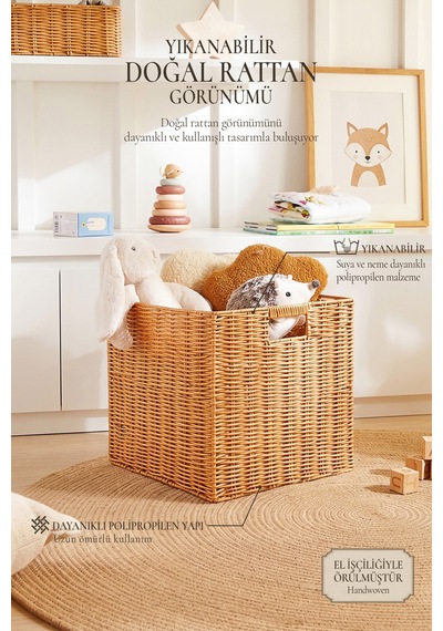 Ocean Home Textile Çocuk Odası Yıkanabilir Bej Pp Rattan Sepet 33 X 33 X 33 Cm