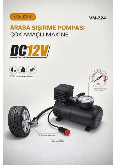 Volemi Vm-724 Araç Şişirme Pompası / Motor-top-bisiklet-motorsiklet Çok Amaçlı Hava Kompresörü 12v G