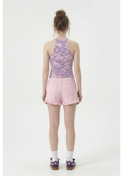 Neden Tekstil Kadın Fitilli Baskılı Halter Yaka Crop Bluz - Açık Pembe-mor