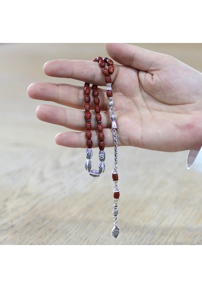 Tesbihane Doğaltaş Opal Tesbih - Kararmaz Metal Arnavut Püsküllü - Kişiye Özel İsim Yazılı - Arpa Kesim Kırmızı