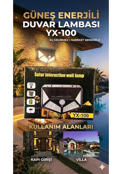 100 Led Dış Mekan Solar Aydınlatma Fotoselli Solar Lamba Hareket Sensörlü Altın