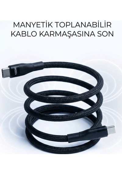 Bmcc05 100w Type-c Şarj Kablosu Manyetik Sarılabilir, Pd Hızlı Şarj, Dayanıklı Örgü 1,5 Metre Siyah
