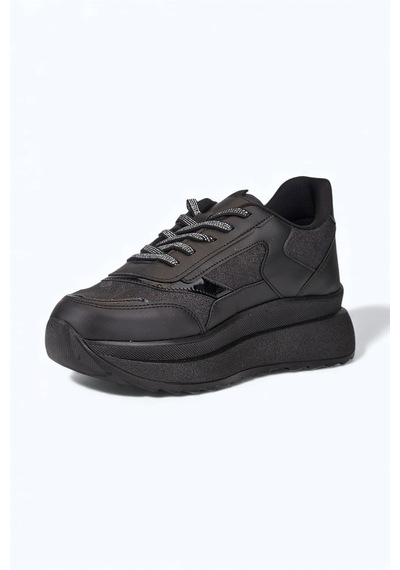 Nstil Günlük Kadın Spor Ayakkabı Sim Detaylı Bağcıklı Fermuarlı Hafif Kalın Taban Sneaker 0846 Siyah