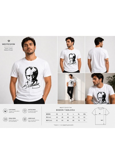 Westicgiyim Atatürk Baskılı Beyaz Tişört Kadın Unisex %100 Pamuk Rahat Kalıp Günlük T-shirt