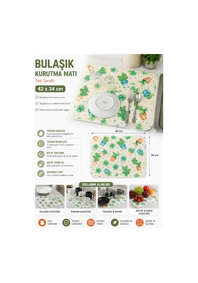Su Emici Kaktüs Desenli Bulaşık Kurutma Matı 42 X 34 Cm Tek Taraflı Çok Renkli