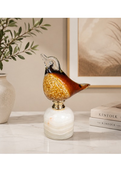 Üfleme Cam Dekoratif Kuş Biblo Beyaz Kaideli Amber Renkli El Yapımı Masaüstü Süs Objesi 17 Cm .