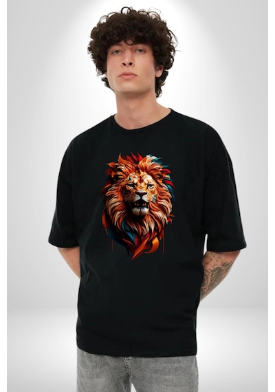 Renkli Kaplan Kükrüyor Pamuklu Bisiklet Yaka Unisex Oversize Boyfriend Dijital Baskılı Siyah T-shirt Siyah