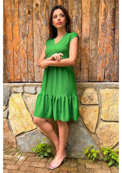 Neşeli Butik Kadın Yeşil V-yaka Eteği Fırfırlı Yazlık Elbise Lptr02 Yeşil