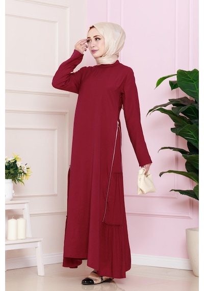 Sevitli Yanı Fermuar Detaylı Tesettür Elbise-bordo-4692 Bordo
