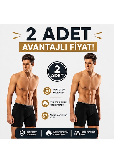 Erdem Erkek Siyah 2 Adet Likralı Uzun Paça Boxer Kutulu- 1470sw