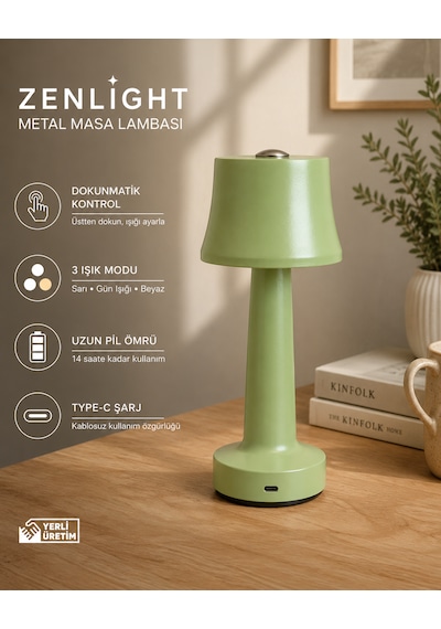 Zenlight Metal Dokunmatik Şarjlı Masa Lambası Adaçayı Yeşili