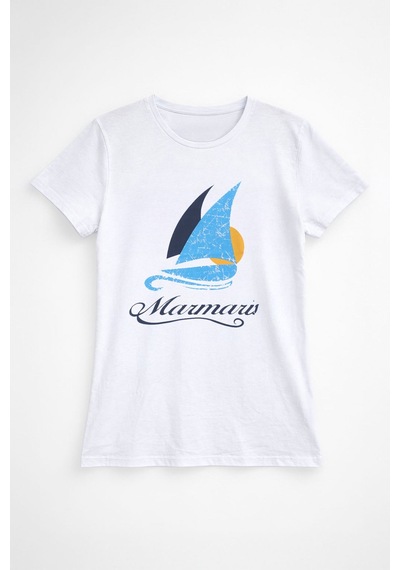 Blue White Kadın Bisiklet Yaka %100 Pamuk Marmaris Baskılı T-shirt Beyaz
