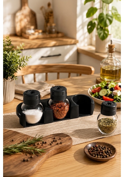 Porsima L-00372 Plastik Standlı 3'lü Baharatlık Takımı Tuzluk Siyah