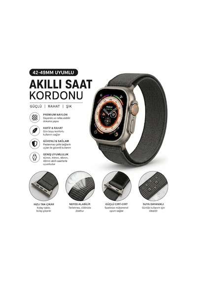 Schitec 42-49mm Yeni Nesil Apple Uyumlu Akıllı Saat Kordonu Gri Ve Turuncu Detay