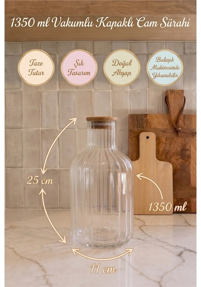 1350 Ml Cam Şişe Ahşap Kapaklı Cam Sürahi Çizgili Borosilikat Cam Şişe Şeffaf Cam Su Şişesi Mutfak İçecek Şişesi 11x25 Cm Şeffaf