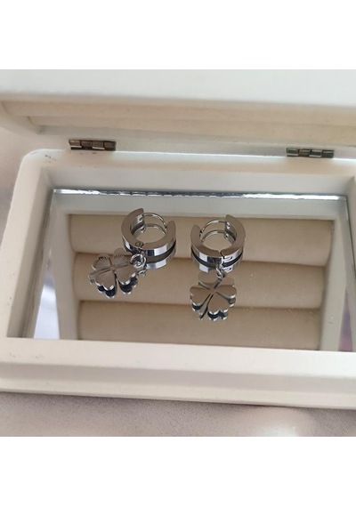 Küpe Kararmaz Çelik 316l Lüks Küpe Yonca Renk Gri Taşlı Diğer