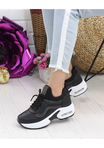 Nesil Shoes Flet 121 Siyah Air Taban Kadın Sneakers Beyaz - Siyah