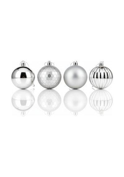 24 Adet Yılbaşı Ağacı Top Süsü 4 Cm - Gümüş Renkli 4 Farklı Çeşit Lüks Dekorasyon Seti Özel Pvc Kutulu