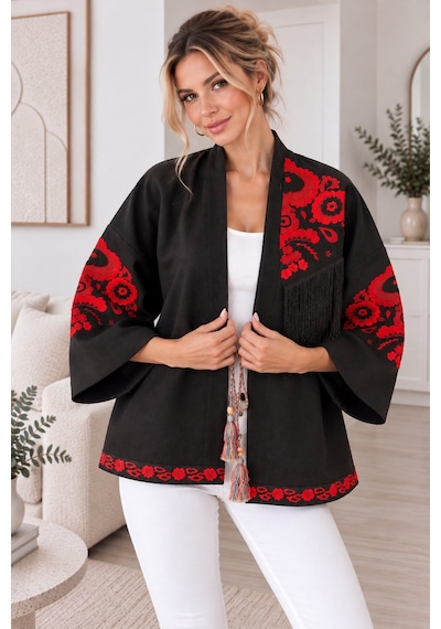 Lima Lacivert Kadın Nakışlı Ceket Etnik Desenli Püskül Detaylı Kimono Ceket