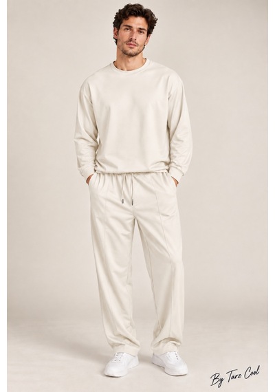 Tarz Cool Erkek Oversize %100 Oyşo Bisiklet Yaka Sweatshirt Bol Paça Alt Üst Takım Beyaz
